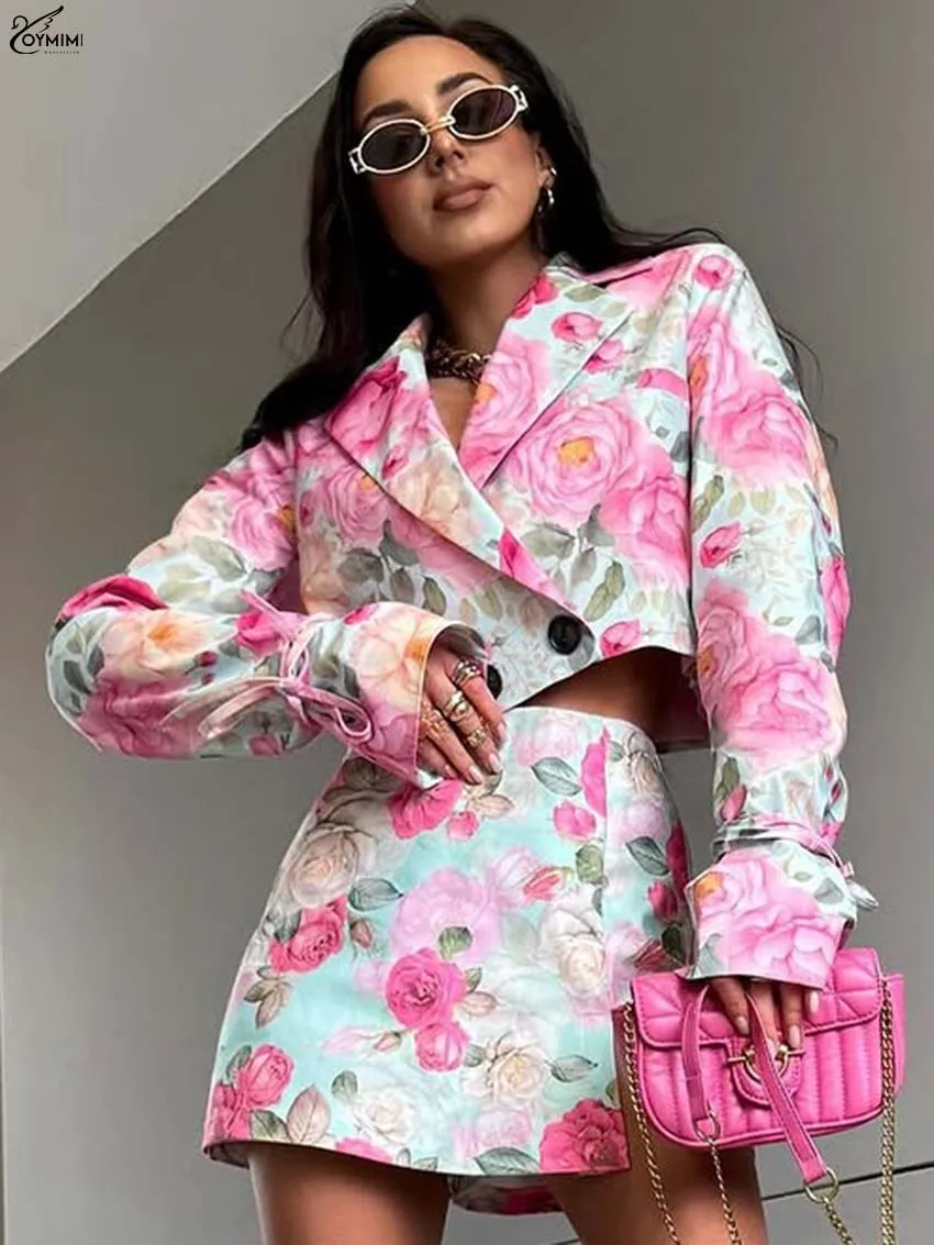 Oymimi Fashion Pink Print 2 Pieces Set For Woman Elegant Long Sleeve Button Crop Shirts And High Waist Side Slit Mini Skirts Set