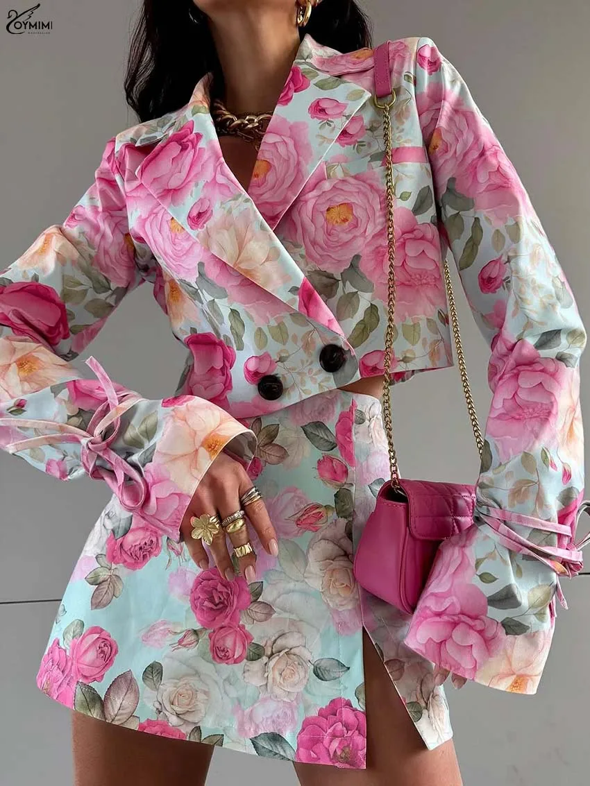 Oymimi Fashion Pink Print 2 Pieces Set For Woman Elegant Long Sleeve Button Crop Shirts And High Waist Side Slit Mini Skirts Set