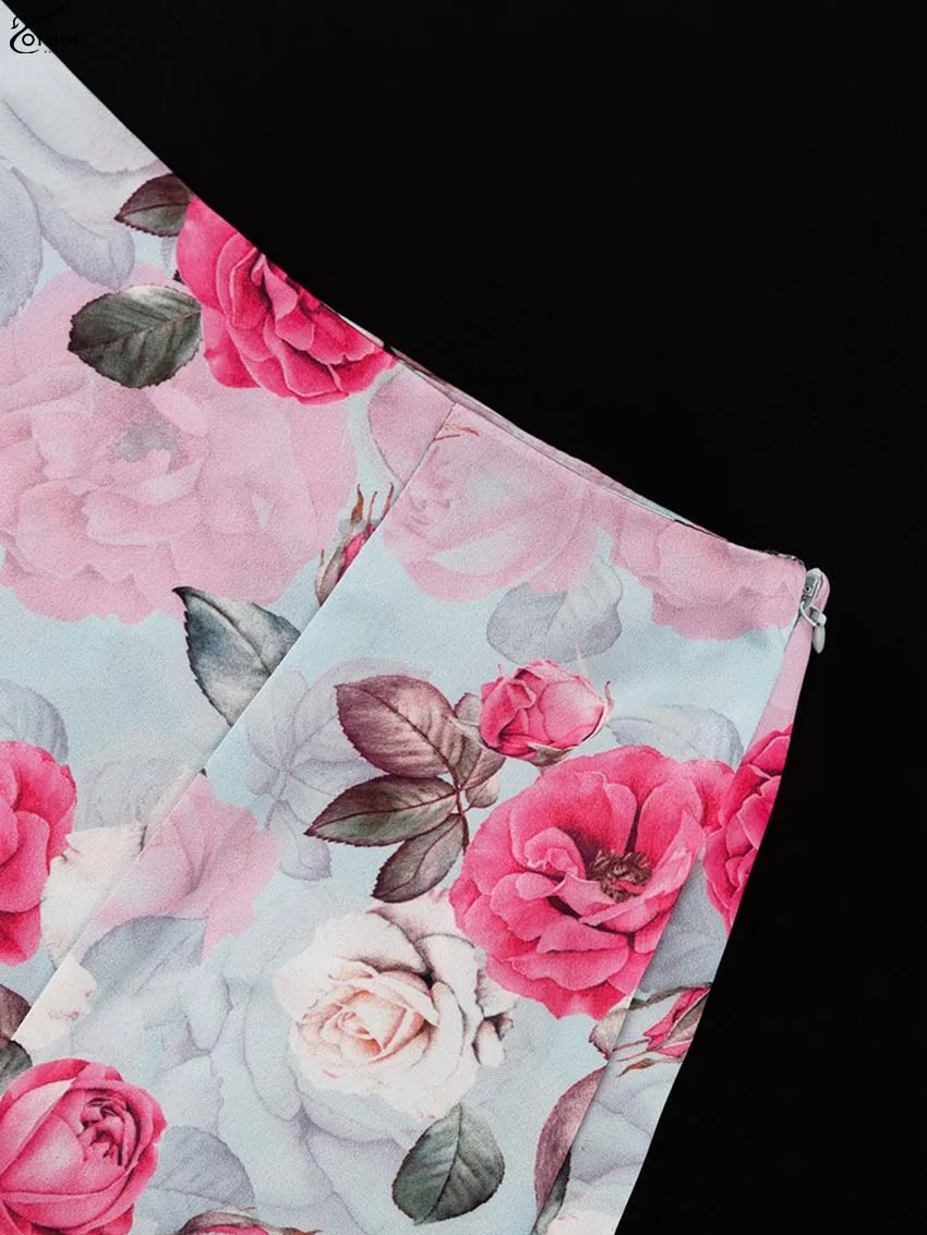 Oymimi Fashion Pink Print 2 Pieces Set For Woman Elegant Long Sleeve Button Crop Shirts And High Waist Side Slit Mini Skirts Set