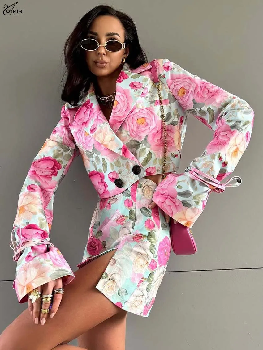 Oymimi Fashion Pink Print 2 Pieces Set For Woman Elegant Long Sleeve Button Crop Shirts And High Waist Side Slit Mini Skirts Set