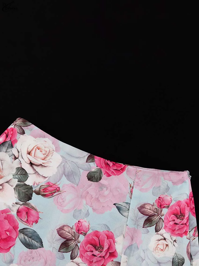 Oymimi Fashion Pink Print 2 Pieces Set For Woman Elegant Long Sleeve Button Crop Shirts And High Waist Side Slit Mini Skirts Set