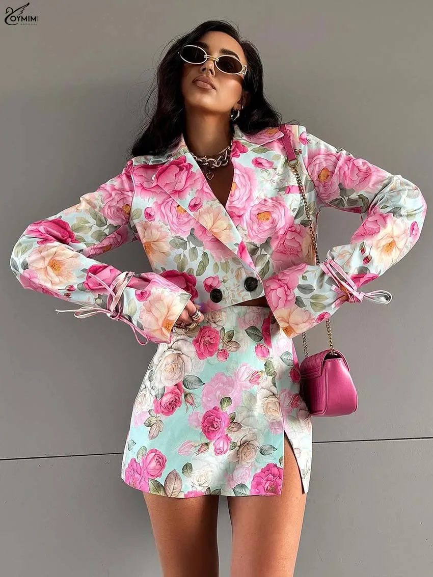 Oymimi Fashion Pink Print 2 Pieces Set For Woman Elegant Long Sleeve Button Crop Shirts And High Waist Side Slit Mini Skirts Set