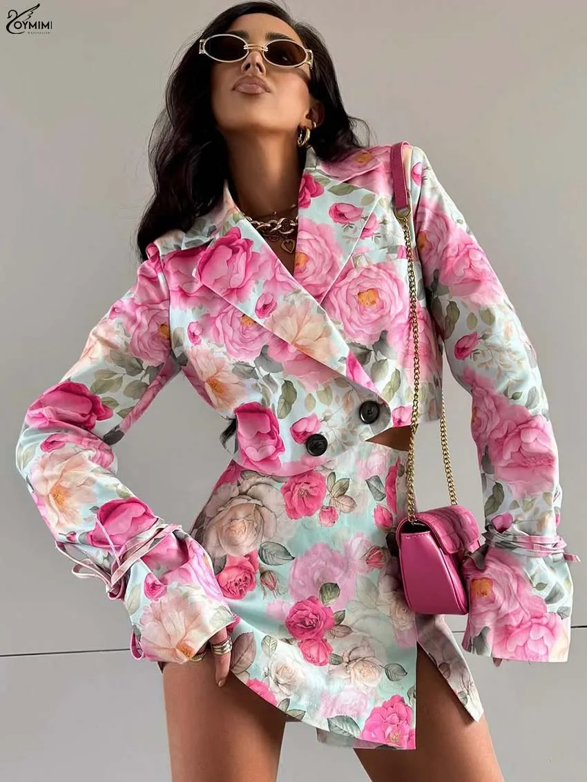 Oymimi Fashion Pink Print 2 Pieces Set For Woman Elegant Long Sleeve Button Crop Shirts And High Waist Side Slit Mini Skirts Set
