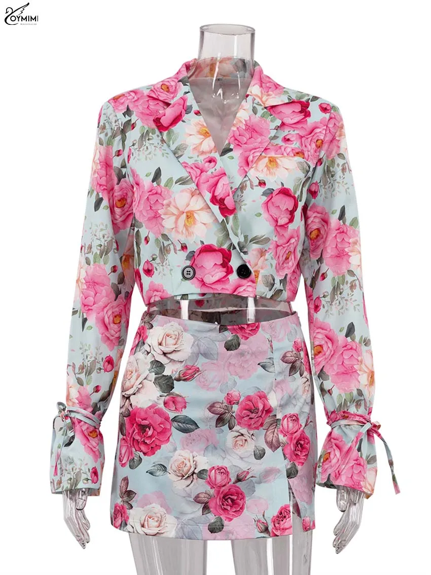 Oymimi Fashion Pink Print 2 Pieces Set For Woman Elegant Long Sleeve Button Crop Shirts And High Waist Side Slit Mini Skirts Set