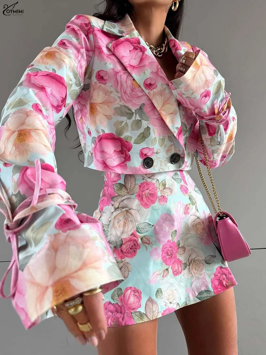 Oymimi Fashion Pink Print 2 Pieces Set For Woman Elegant Long Sleeve Button Crop Shirts And High Waist Side Slit Mini Skirts Set