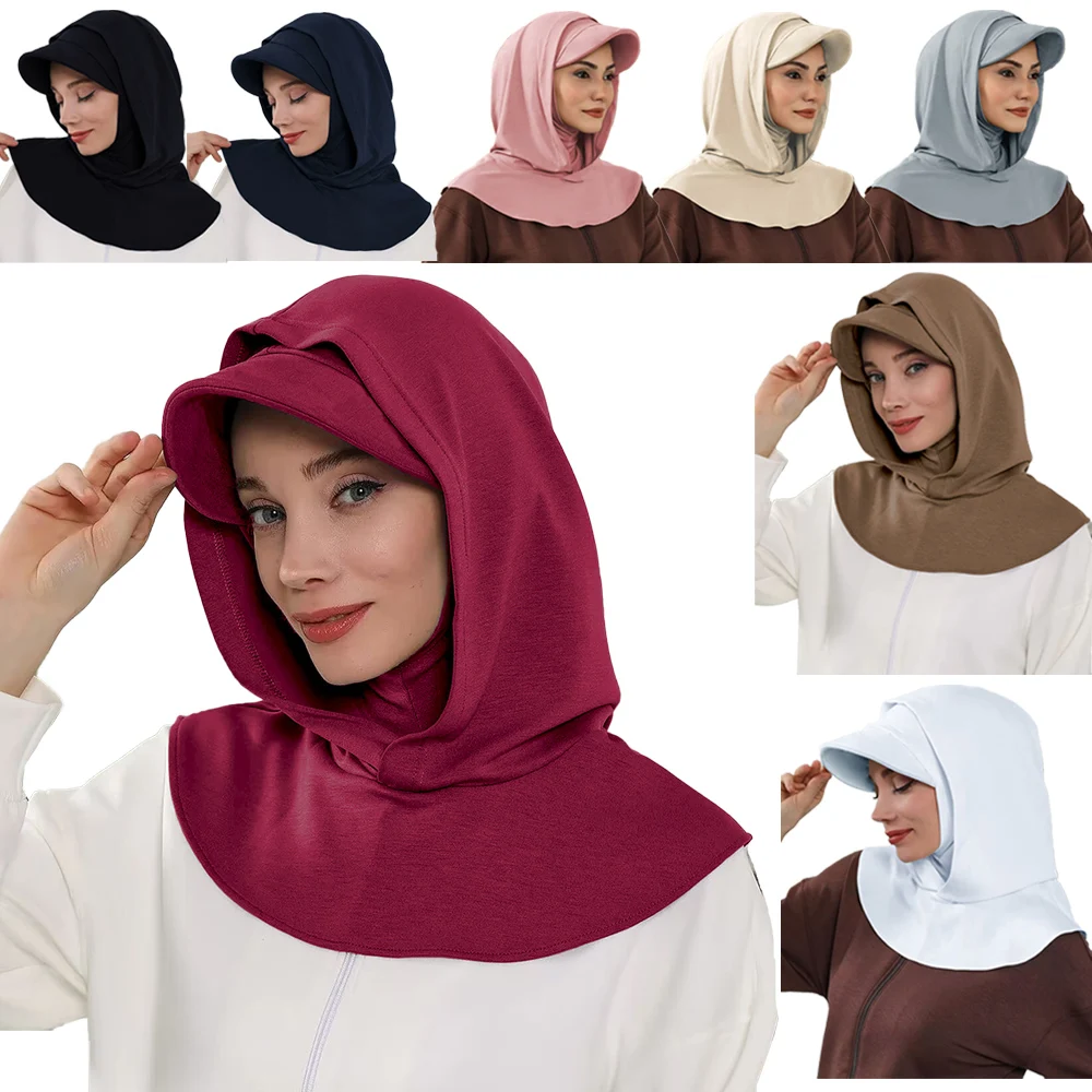 Full Coverage Bonnet Hijab with Visor Ready to Wear Modest Visor Underscarf Bonnet with Neck Cover Muslim Turban Cap