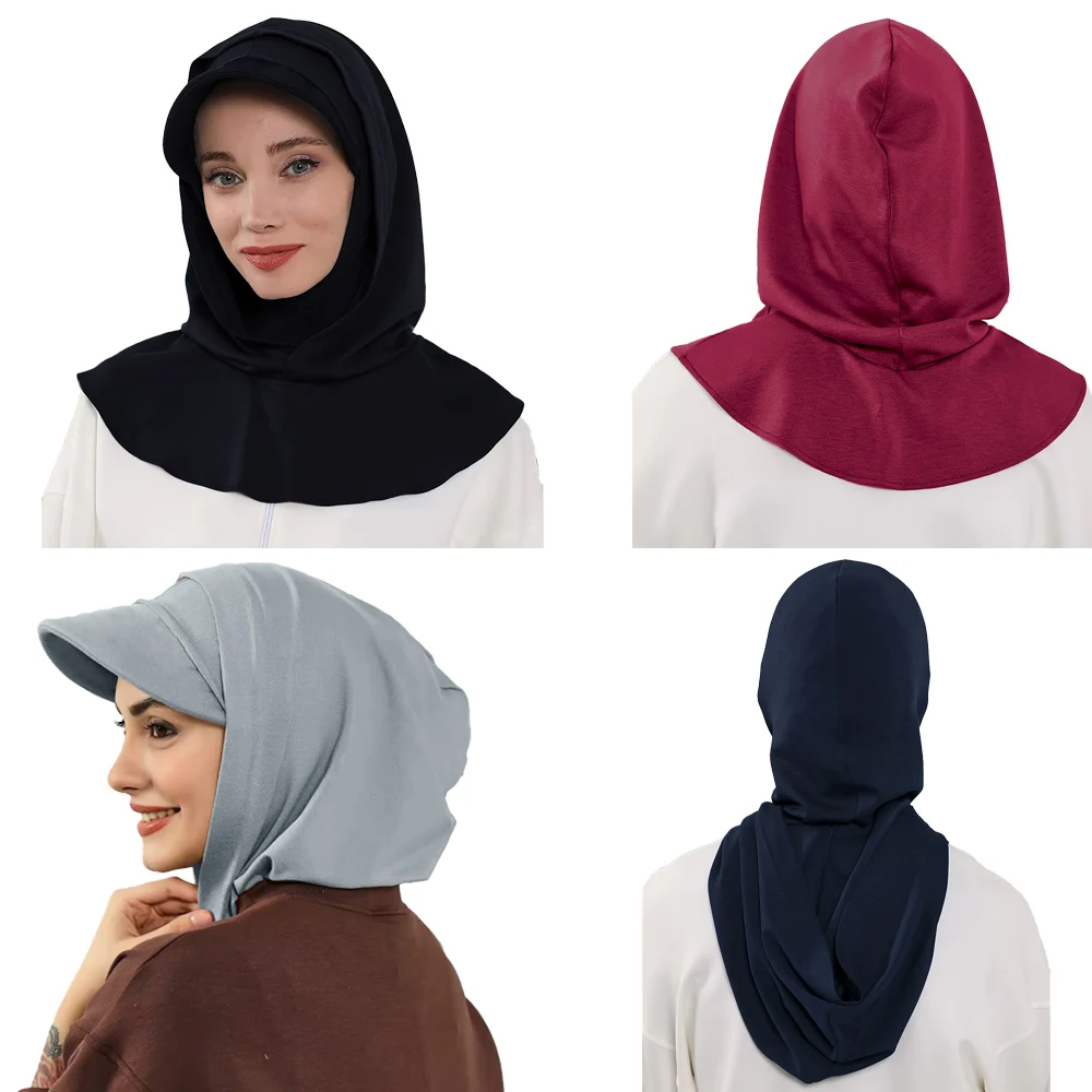 Full Coverage Bonnet Hijab with Visor Ready to Wear Modest Visor Underscarf Bonnet with Neck Cover Muslim Turban Cap
