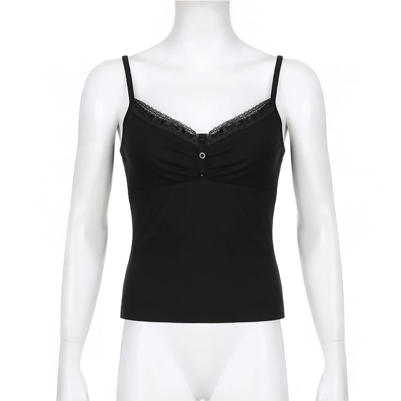 Sexy Folds Buttons Sleeveless Crop Top Black Vintage Y2K Corset Tops Casual Basic T-shirt