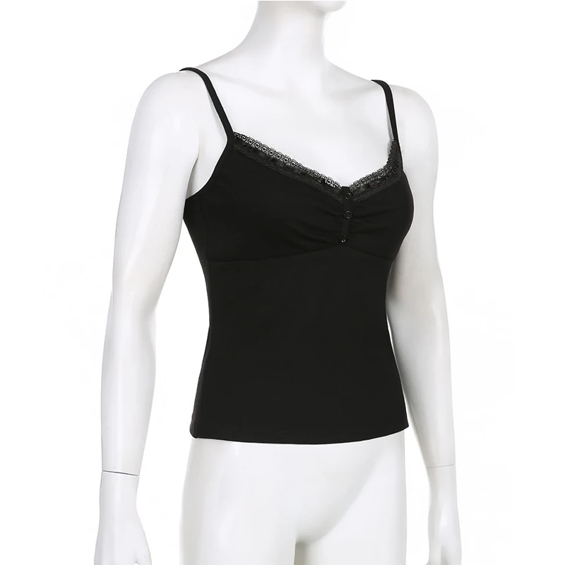Sexy Folds Buttons Sleeveless Crop Top Black Vintage Y2K Corset Tops Casual Basic T-shirt