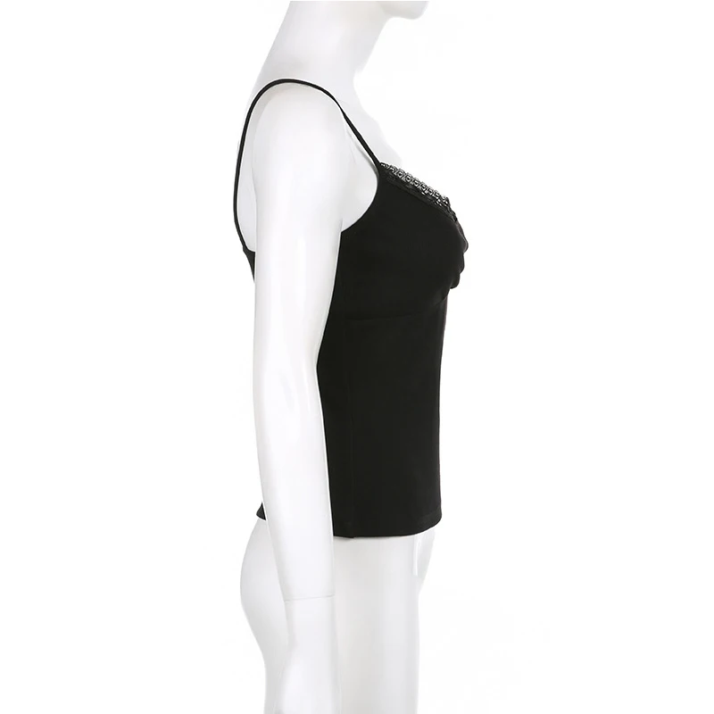Sexy Folds Buttons Sleeveless Crop Top Black Vintage Y2K Corset Tops Casual Basic T-shirt