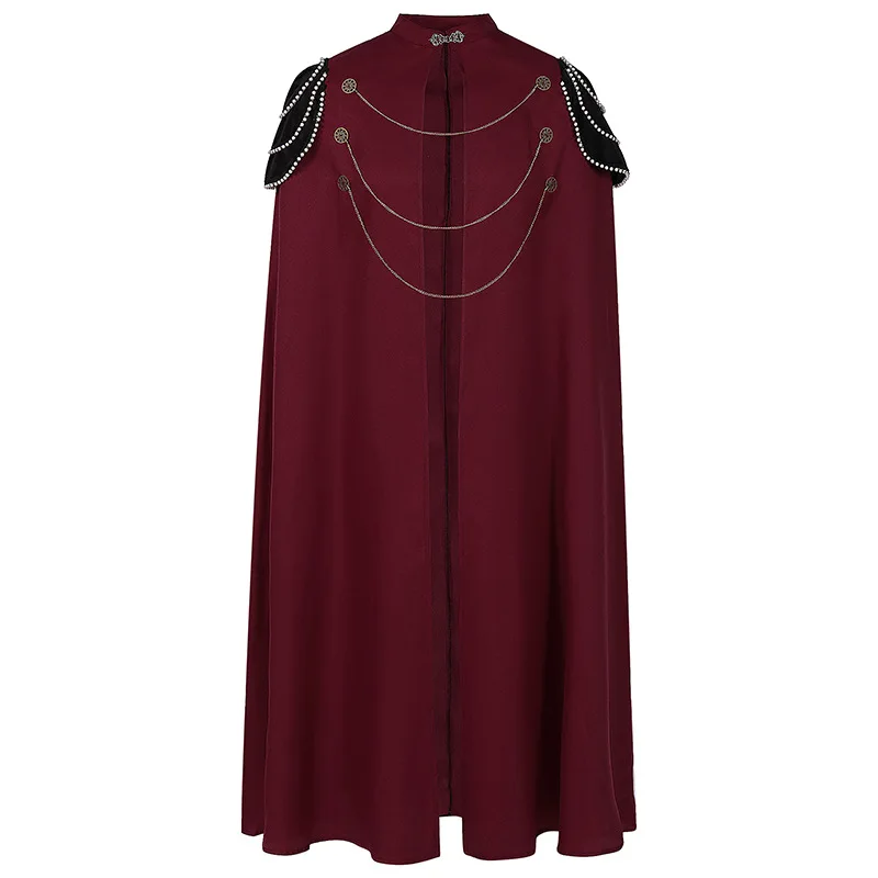 2025 Burgundy Euro-American Vintage Royal Cape for Men and Women, Halloween Beaded Curtain Gear Chain Cloak Unisex, One Size