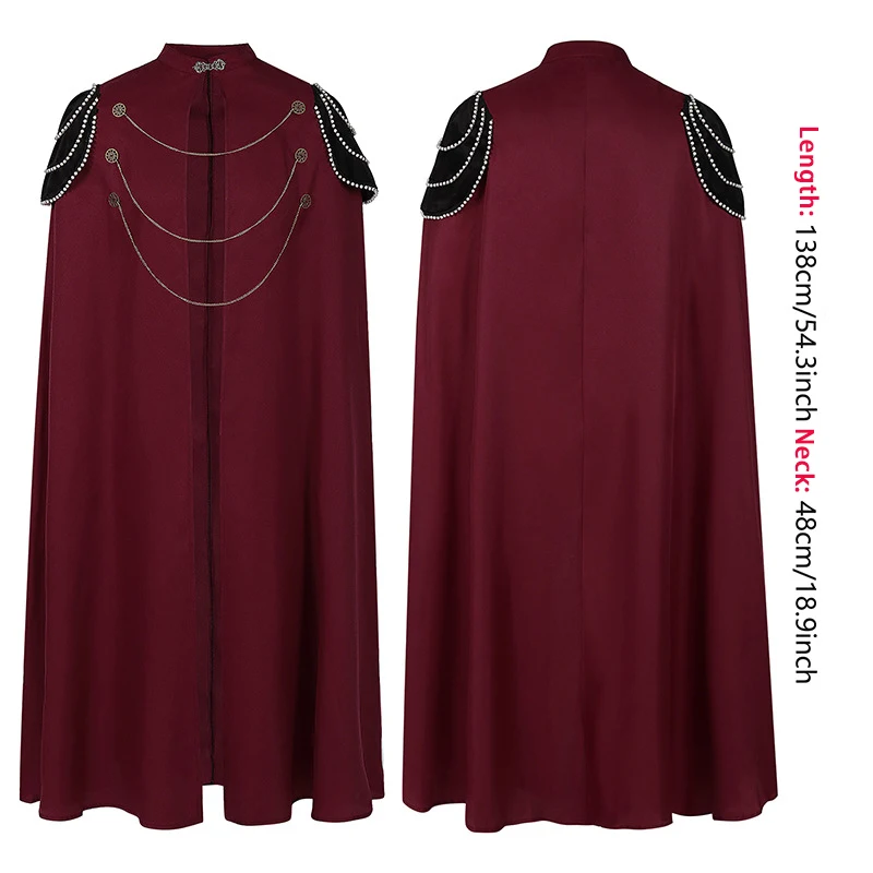 2025 Burgundy Euro-American Vintage Royal Cape for Men and Women, Halloween Beaded Curtain Gear Chain Cloak Unisex, One Size