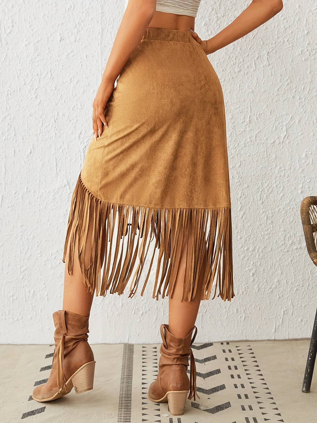 A New Cross-border Women's Clothing Style Western-style Faux Suede Velvet Tassel High-waisted A-line Skirt