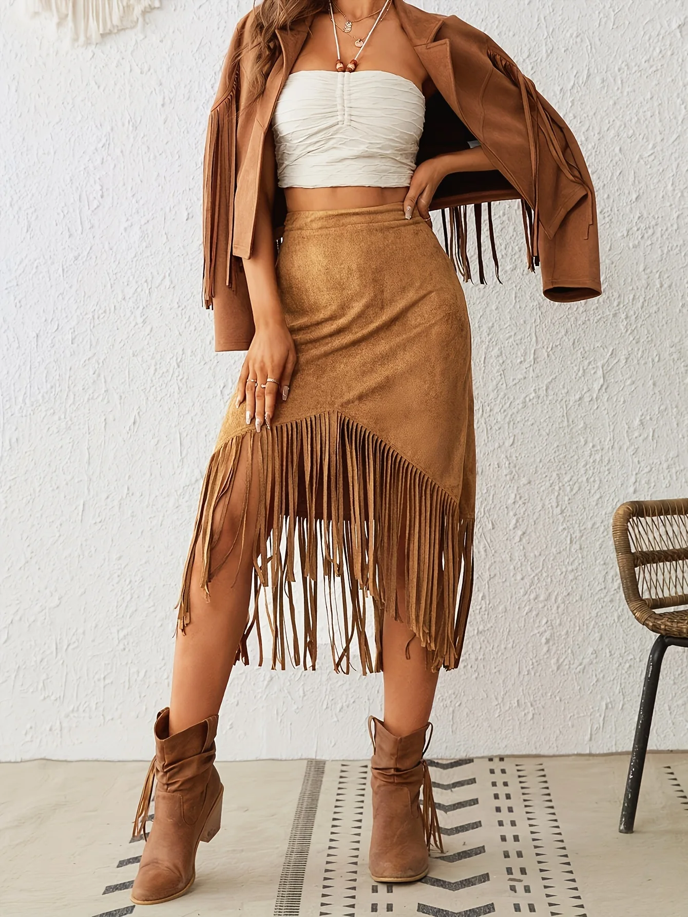 A New Cross-border Women's Clothing Style Western-style Faux Suede Velvet Tassel High-waisted A-line Skirt