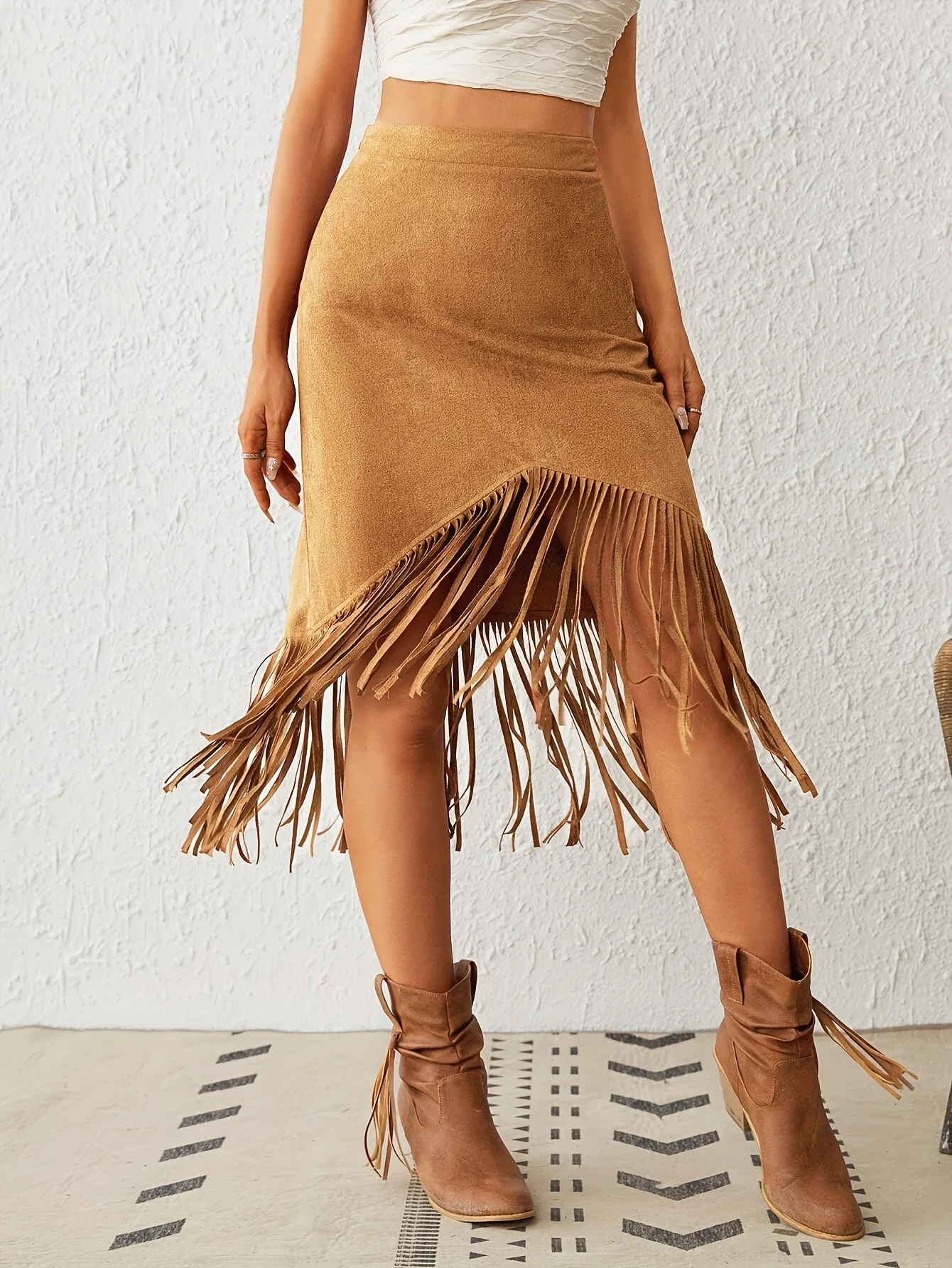 A New Cross-border Women's Clothing Style Western-style Faux Suede Velvet Tassel High-waisted A-line Skirt