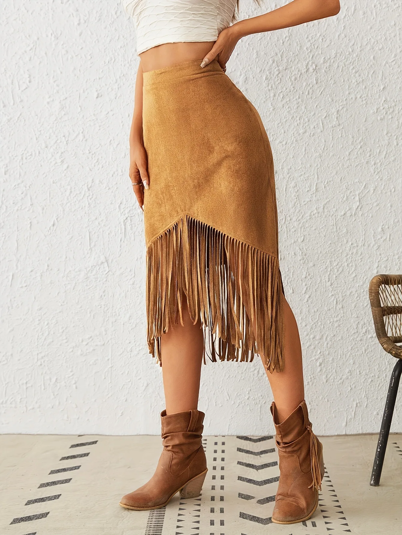 A New Cross-border Women's Clothing Style Western-style Faux Suede Velvet Tassel High-waisted A-line Skirt