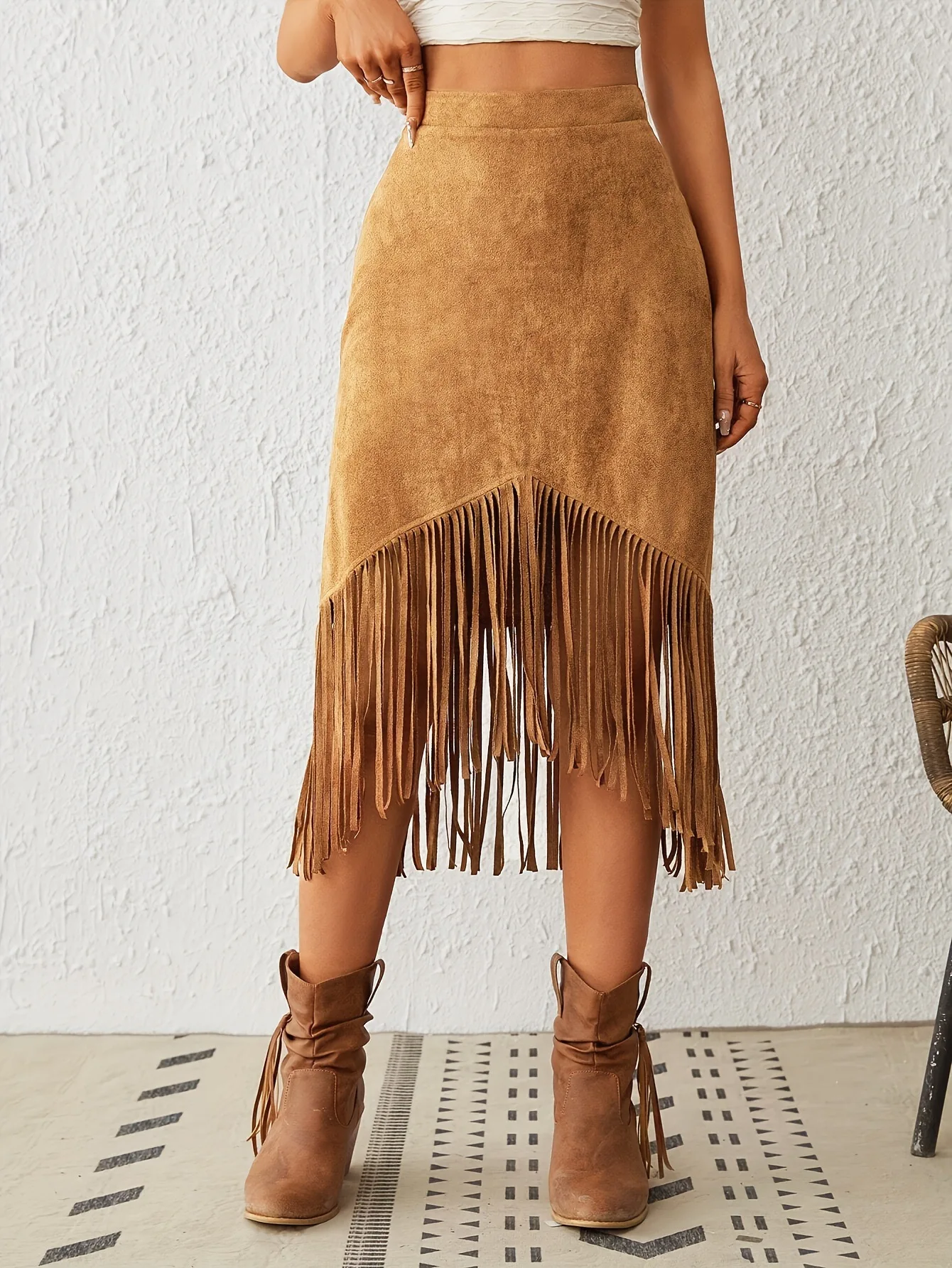 A New Cross-border Women's Clothing Style Western-style Faux Suede Velvet Tassel High-waisted A-line Skirt