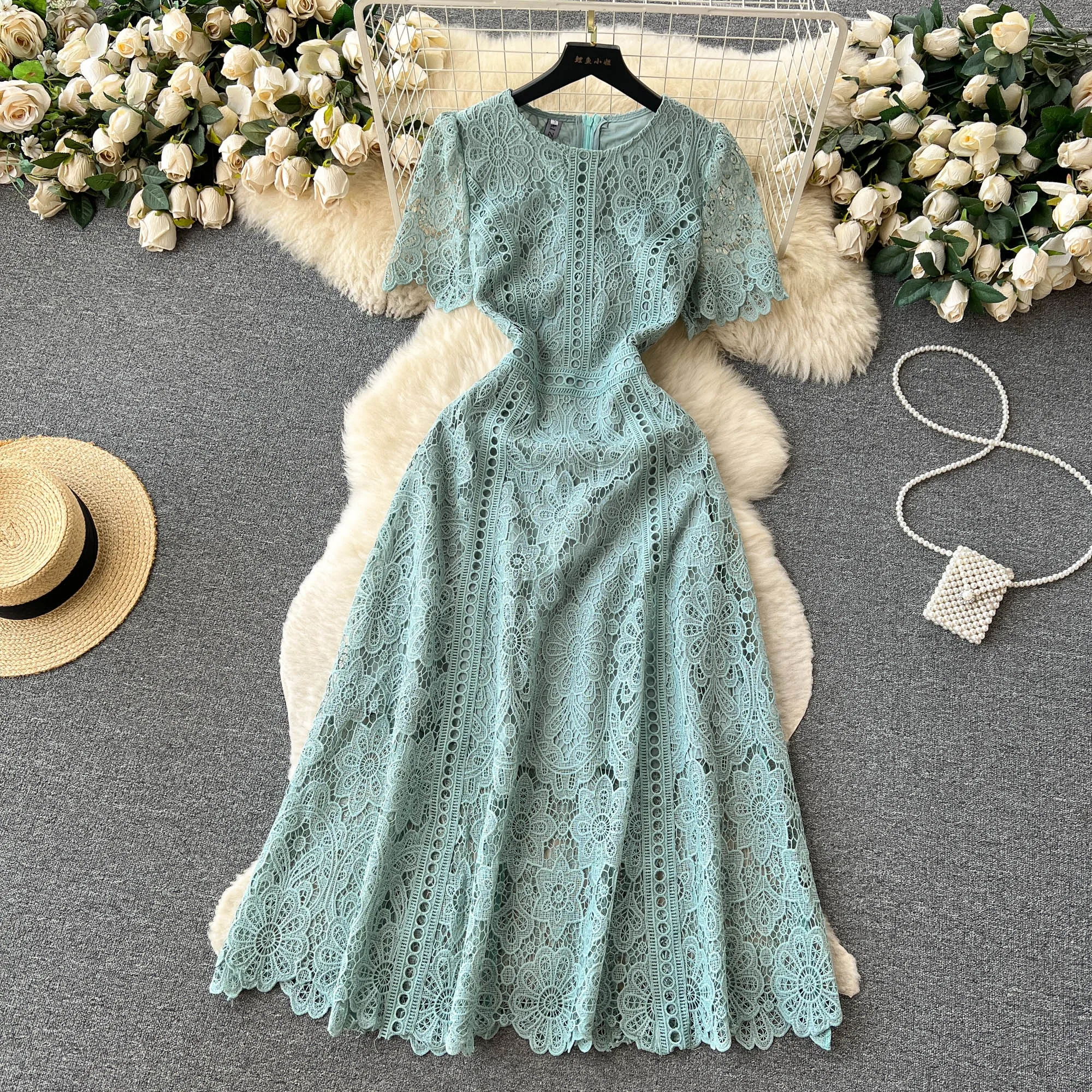 Vintage Solid Lace O-neck Hollow Out Lotus Leaf Sleeves Short Sleeves Long Dresses Casual Women A-Line Fashion Summer Clothing