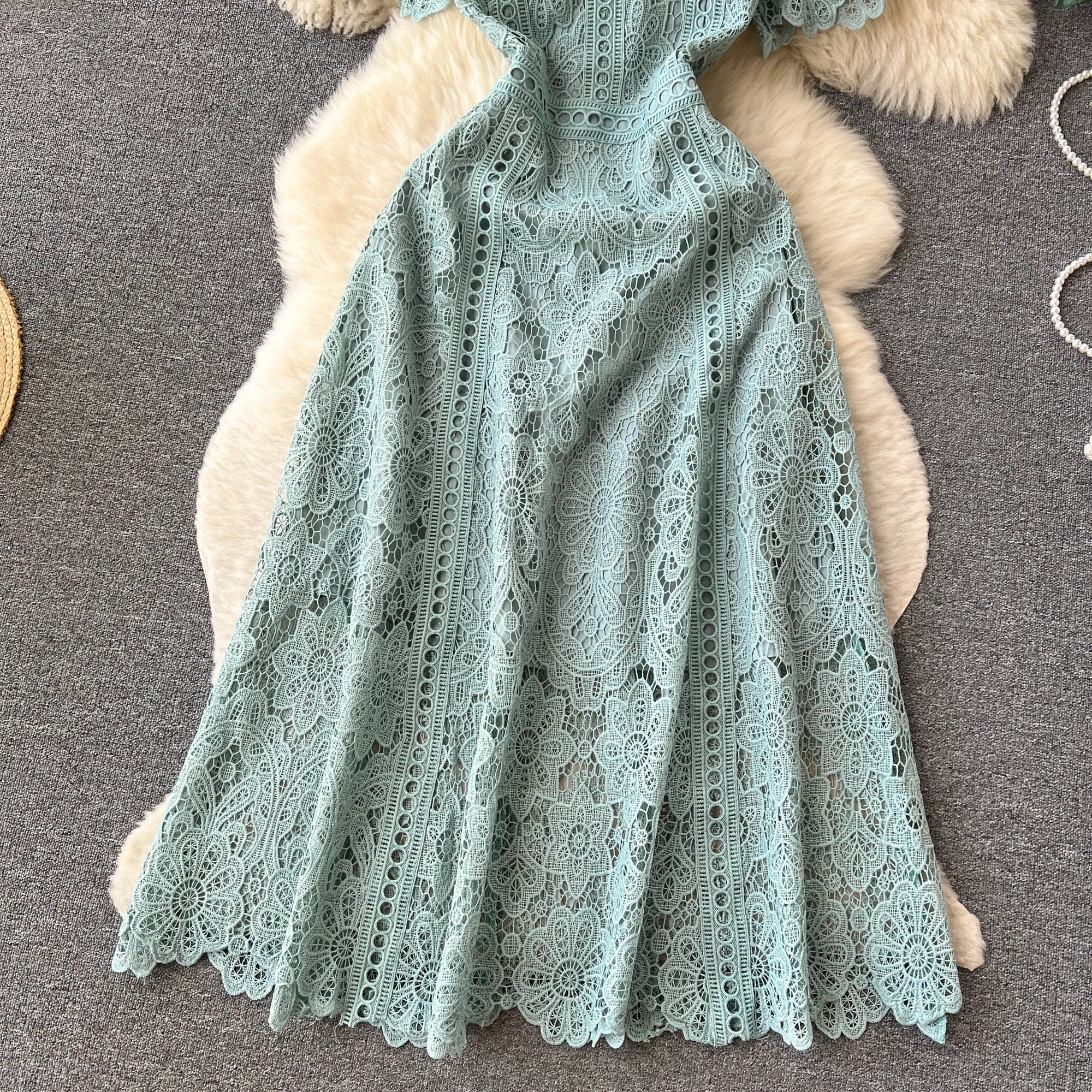 Vintage Solid Lace O-neck Hollow Out Lotus Leaf Sleeves Short Sleeves Long Dresses Casual Women A-Line Fashion Summer Clothing