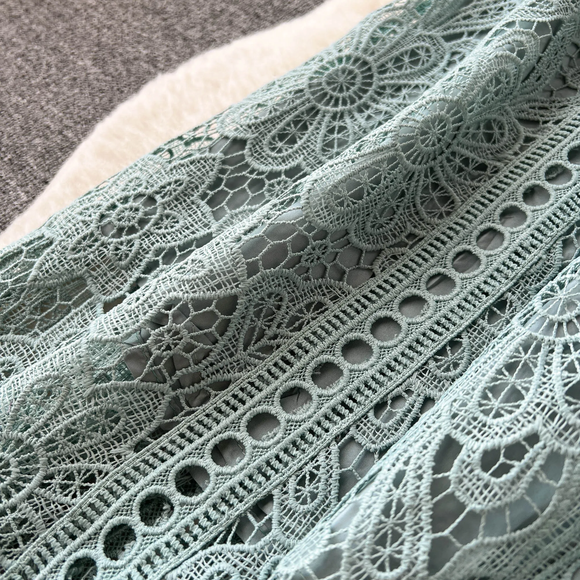 Vintage Solid Lace O-neck Hollow Out Lotus Leaf Sleeves Short Sleeves Long Dresses Casual Women A-Line Fashion Summer Clothing