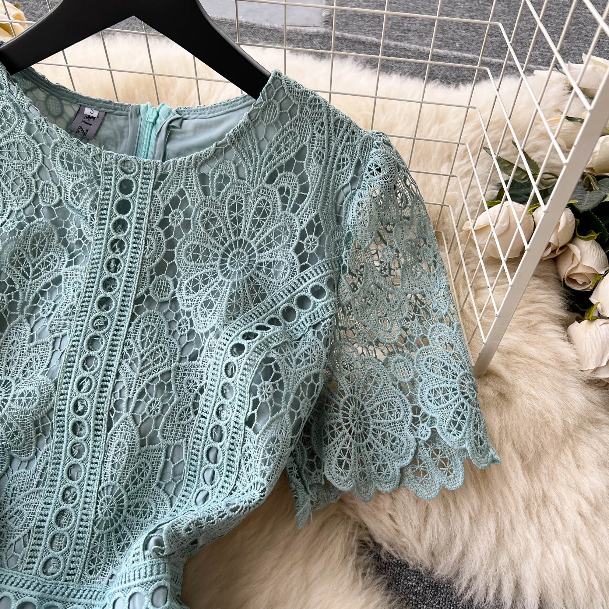 Vintage Solid Lace O-neck Hollow Out Lotus Leaf Sleeves Short Sleeves Long Dresses Casual Women A-Line Fashion Summer Clothing