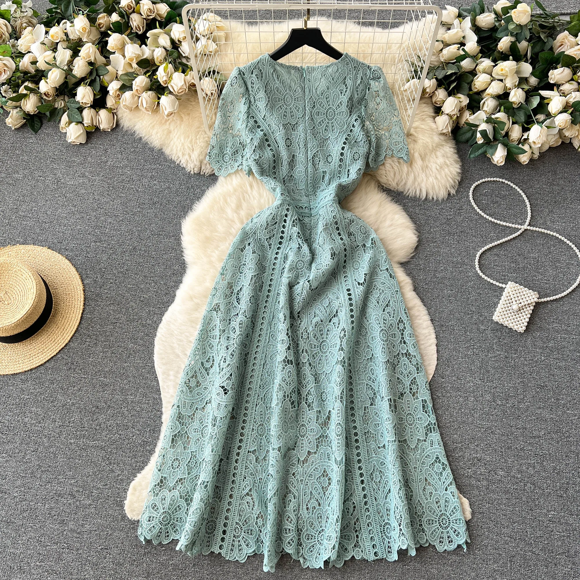 Vintage Solid Lace O-neck Hollow Out Lotus Leaf Sleeves Short Sleeves Long Dresses Casual Women A-Line Fashion Summer Clothing
