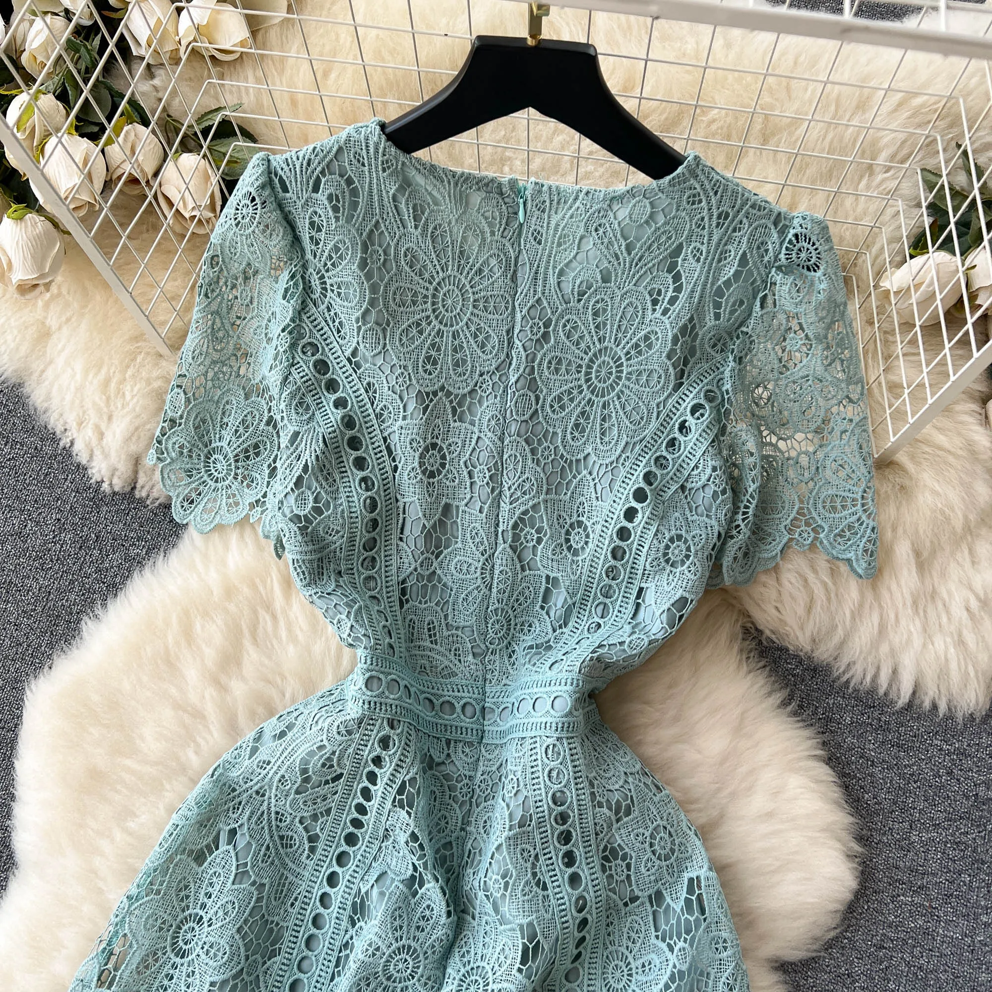 Vintage Solid Lace O-neck Hollow Out Lotus Leaf Sleeves Short Sleeves Long Dresses Casual Women A-Line Fashion Summer Clothing