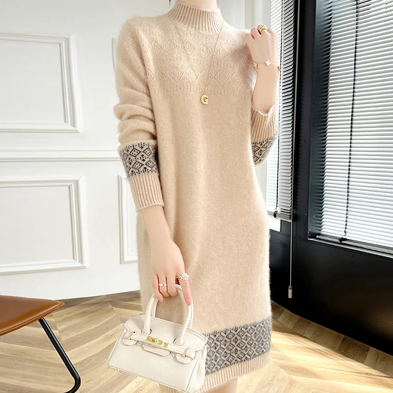 100% Merino Wool Fashion Color-Blocked Knit Half-Turtleneck Sweater Cashmere Long Sleeves Leisure Soft Warm Women's Clothing Top