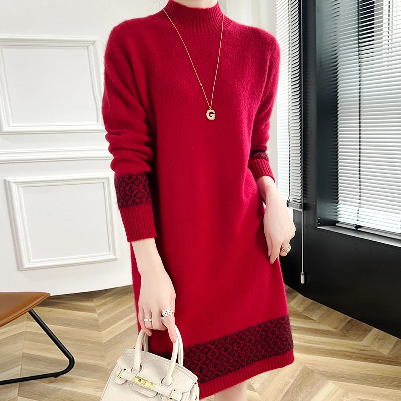 100% Merino Wool Fashion Color-Blocked Knit Half-Turtleneck Sweater Cashmere Long Sleeves Leisure Soft Warm Women's Clothing Top