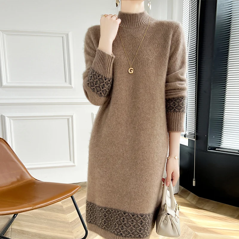 100% Merino Wool Fashion Color-Blocked Knit Half-Turtleneck Sweater Cashmere Long Sleeves Leisure Soft Warm Women's Clothing Top