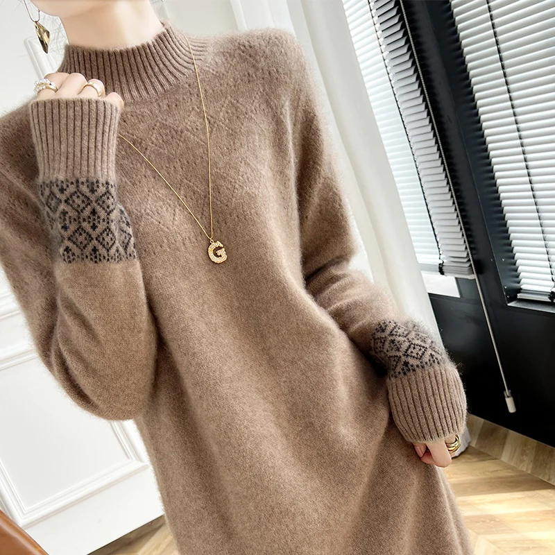 100% Merino Wool Fashion Color-Blocked Knit Half-Turtleneck Sweater Cashmere Long Sleeves Leisure Soft Warm Women's Clothing Top