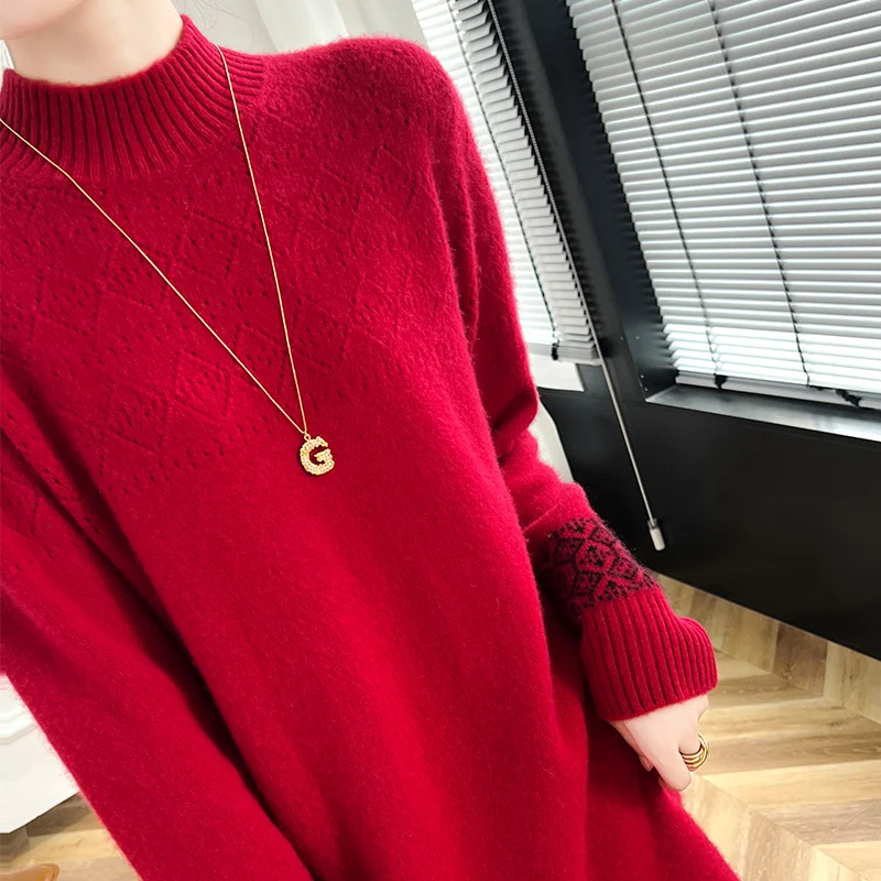 100% Merino Wool Fashion Color-Blocked Knit Half-Turtleneck Sweater Cashmere Long Sleeves Leisure Soft Warm Women's Clothing Top