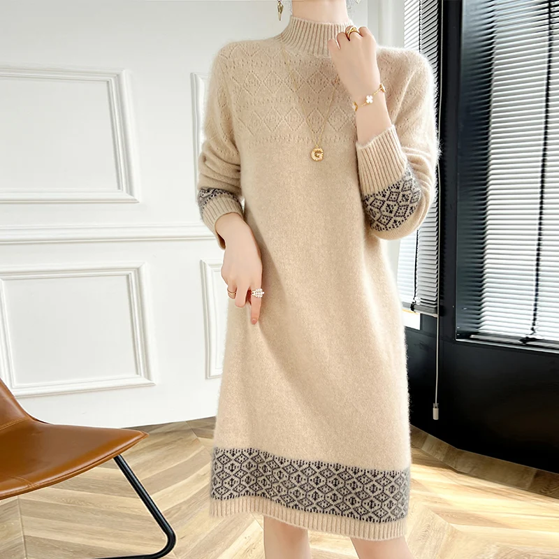 100% Merino Wool Fashion Color-Blocked Knit Half-Turtleneck Sweater Cashmere Long Sleeves Leisure Soft Warm Women's Clothing Top