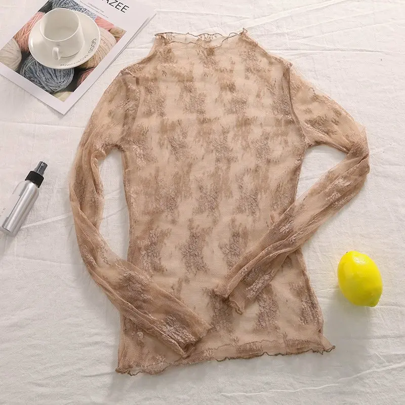 Summer Women Lace Floral Embroidery Blouses  Ladies Tops Sexy Mesh Blouses Transparent Elegant Long Sleeves See-through Shirt