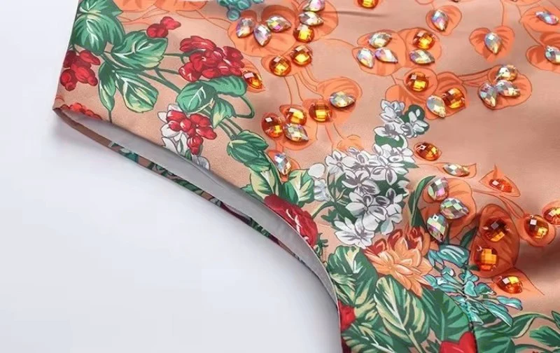 Female Summer New Style Colorful Diamonds Shiny Dresses Retro Floral Print Sundress Sleeveless O-Neck Fashion Above Knee Dress
