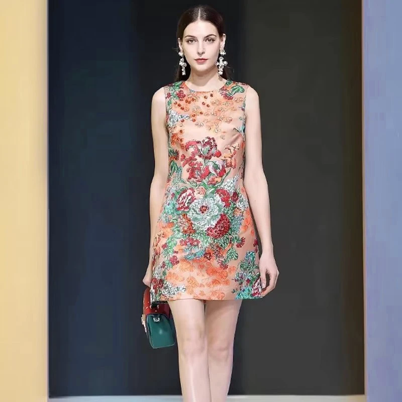Female Summer New Style Colorful Diamonds Shiny Dresses Retro Floral Print Sundress Sleeveless O-Neck Fashion Above Knee Dress