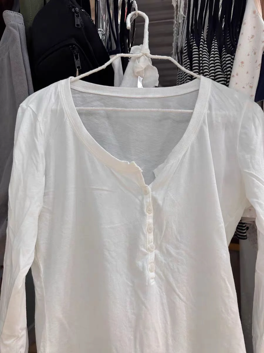 Six Buttons Thin Long Sleeve T-shirt Woman Summer Round Neck Cotton Slim Tshirts Female White Simple Basic Tee Shirts Y2k Tops