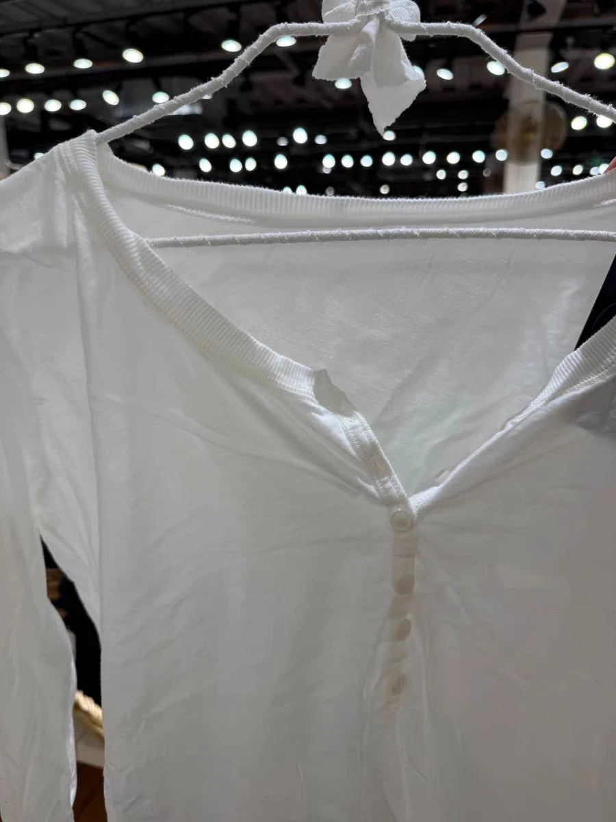 Six Buttons Thin Long Sleeve T-shirt Woman Summer Round Neck Cotton Slim Tshirts Female White Simple Basic Tee Shirts Y2k Tops