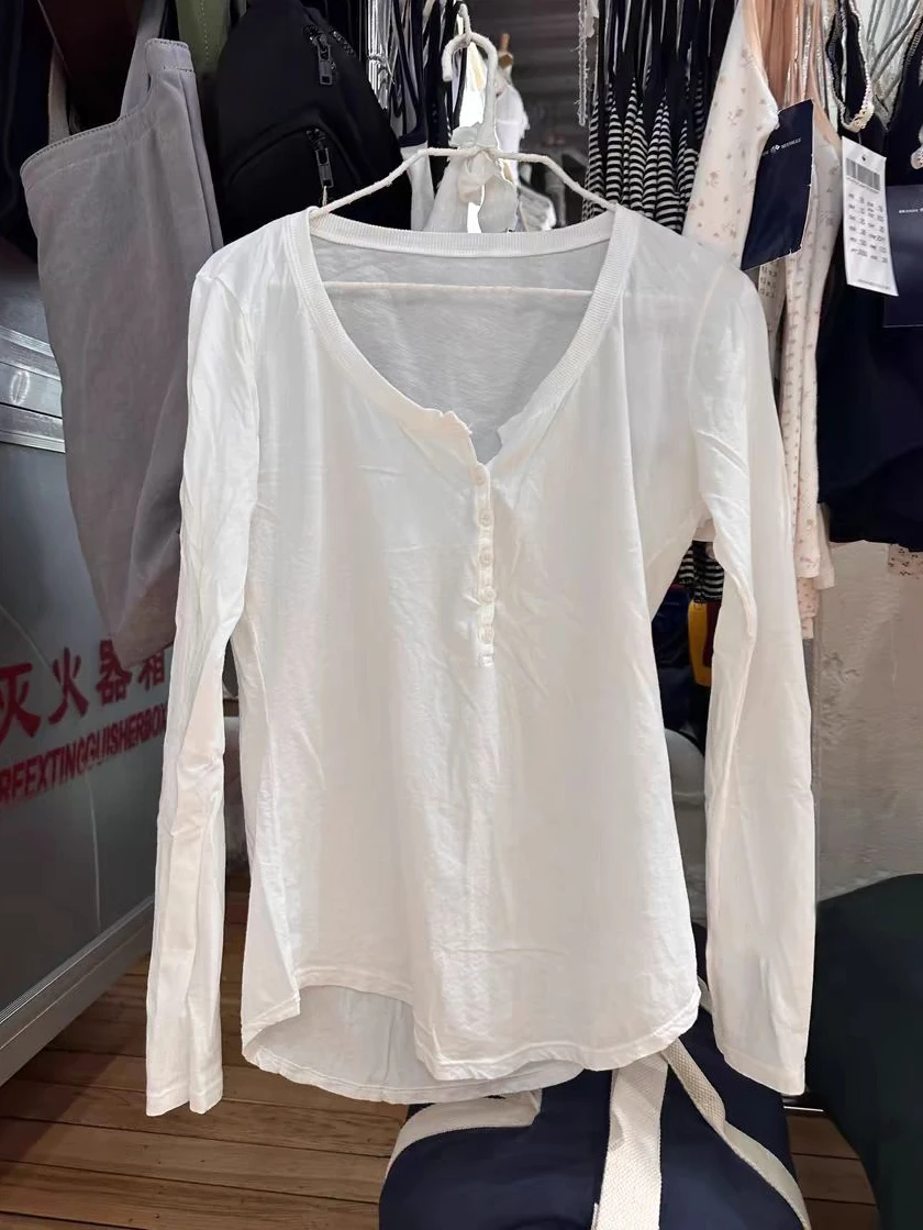 Six Buttons Thin Long Sleeve T-shirt Woman Summer Round Neck Cotton Slim Tshirts Female White Simple Basic Tee Shirts Y2k Tops