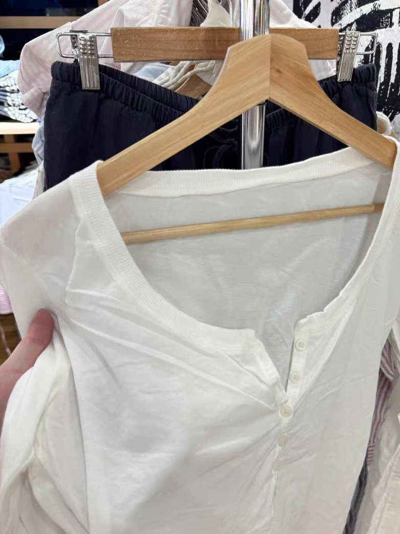 Six Buttons Thin Long Sleeve T-shirt Woman Summer Round Neck Cotton Slim Tshirts Female White Simple Basic Tee Shirts Y2k Tops