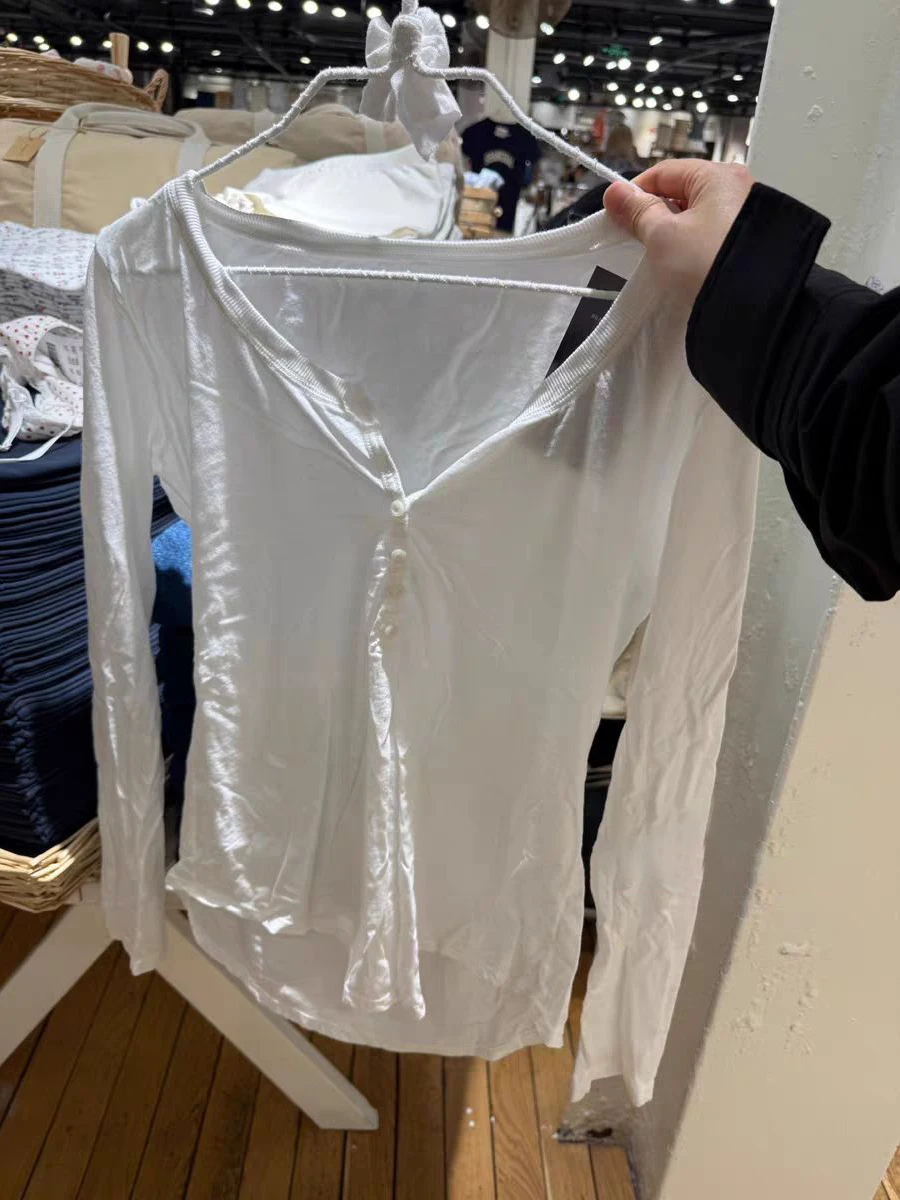 Six Buttons Thin Long Sleeve T-shirt Woman Summer Round Neck Cotton Slim Tshirts Female White Simple Basic Tee Shirts Y2k Tops