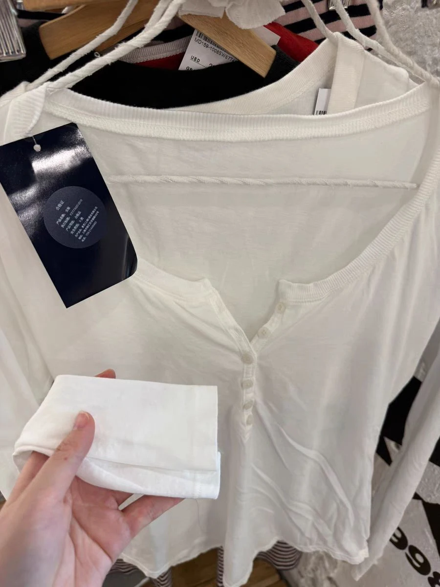 Six Buttons Thin Long Sleeve T-shirt Woman Summer Round Neck Cotton Slim Tshirts Female White Simple Basic Tee Shirts Y2k Tops