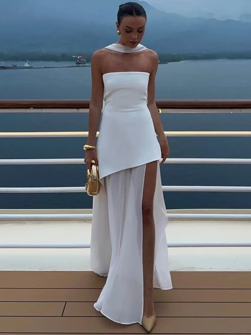 Trendix Lace Patchwork Tube Top Dress Women 2025 Summer Fashion High Waist Off Shoulder Maxi Dress Vacation Elegant Party Dress