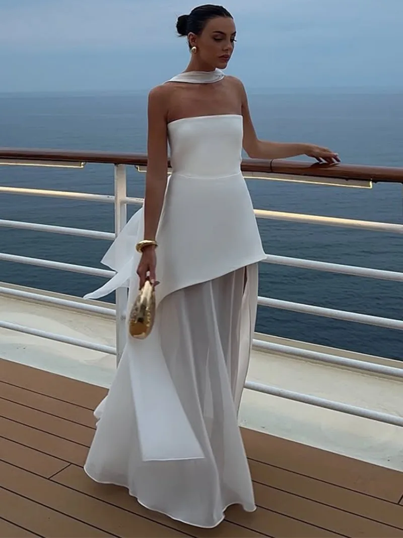 Trendix Lace Patchwork Tube Top Dress Women 2025 Summer Fashion High Waist Off Shoulder Maxi Dress Vacation Elegant Party Dress
