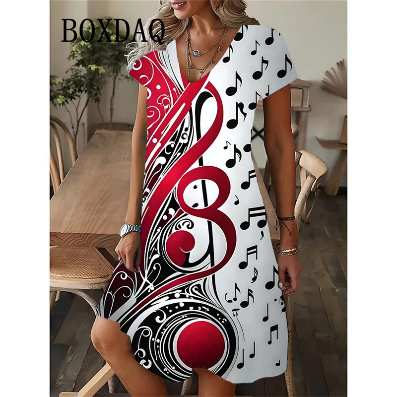 Fashion Musical Note Patterns Women Dress 2025 New Summer Loose Mini Dress Guitar Instruments 3D Print Short Sleeve V-neck Dress