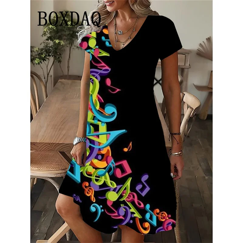 Fashion Musical Note Patterns Women Dress 2025 New Summer Loose Mini Dress Guitar Instruments 3D Print Short Sleeve V-neck Dress