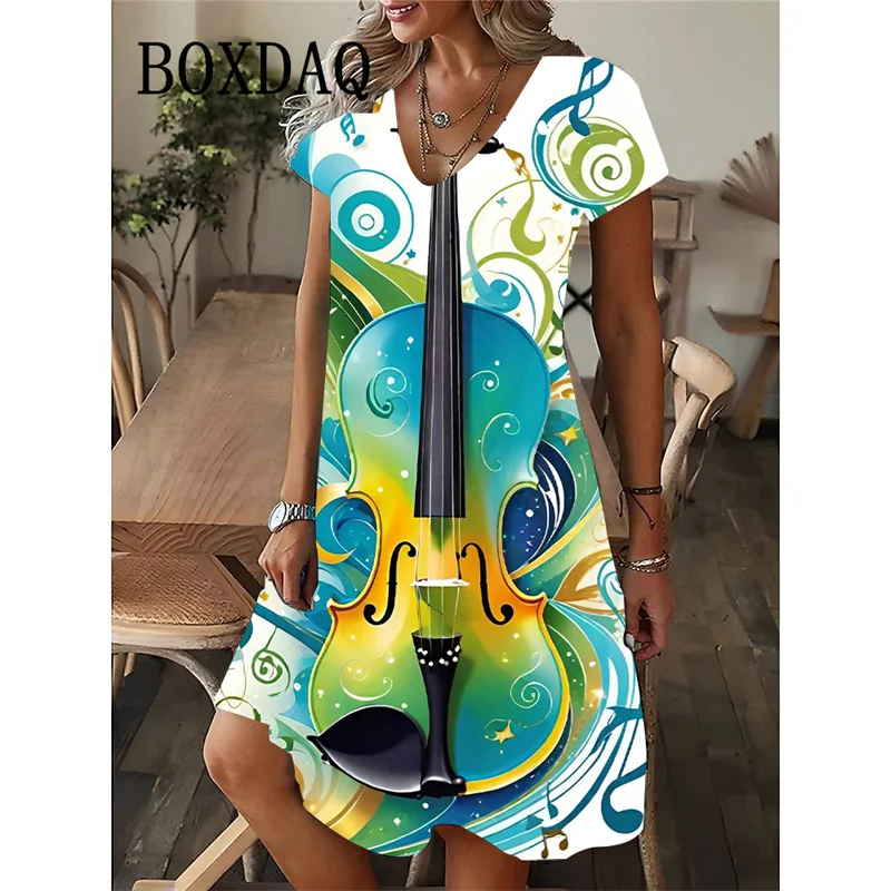 Fashion Musical Note Patterns Women Dress 2025 New Summer Loose Mini Dress Guitar Instruments 3D Print Short Sleeve V-neck Dress