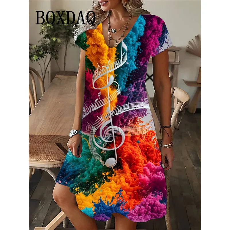 Fashion Musical Note Patterns Women Dress 2025 New Summer Loose Mini Dress Guitar Instruments 3D Print Short Sleeve V-neck Dress