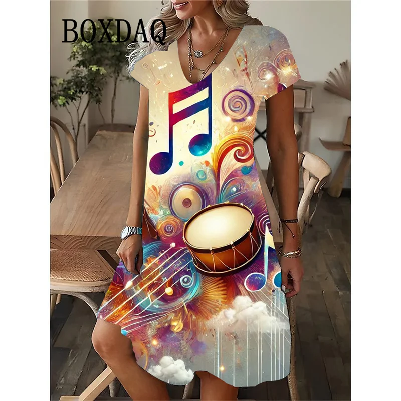 Fashion Musical Note Patterns Women Dress 2025 New Summer Loose Mini Dress Guitar Instruments 3D Print Short Sleeve V-neck Dress