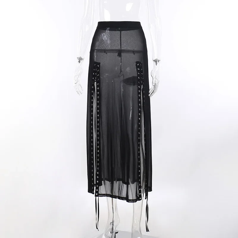 Goth Mesh Perspective Side Slit Skirt Lace Up Dark Punk Gothic Faldas Feminino Thin Summer Aesthetical